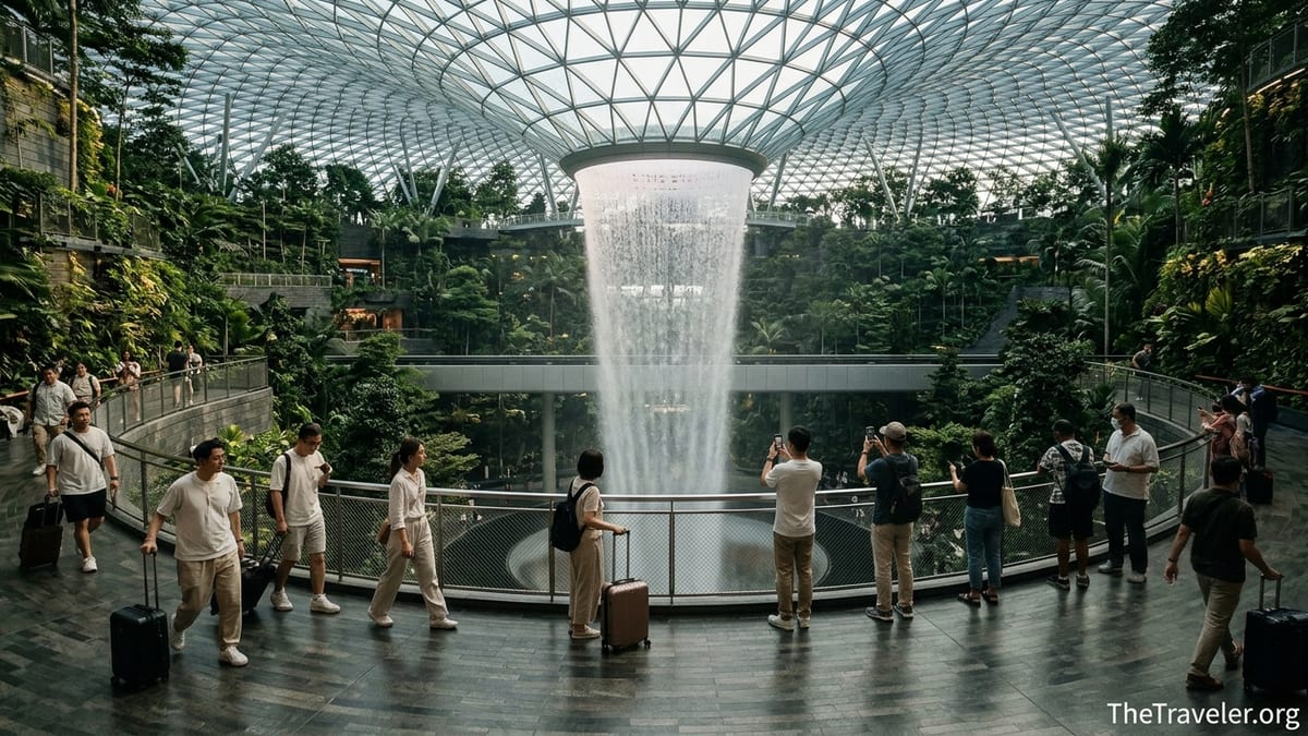 Travelers watching the HSBC Rain Vortex inside Jewel at Singapore Changi Airport.