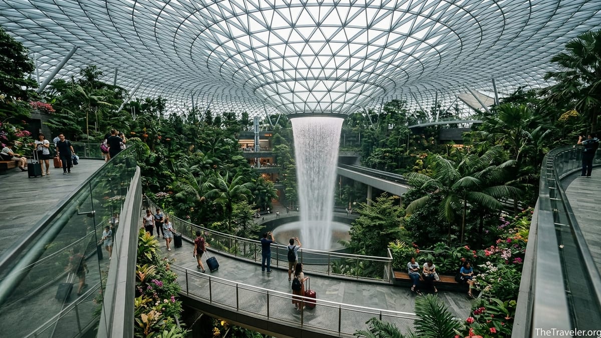 Travelers walking inside Jewel Changi Airport with view of Rain Vortex waterfall and indoor forest.