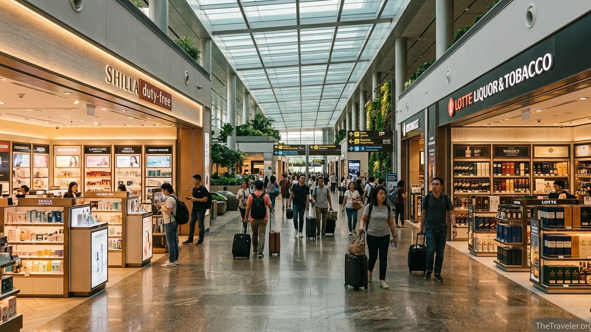 Travellers browsing duty-free beauty and liquor shops in Singapore Changi Airport Terminal 3.