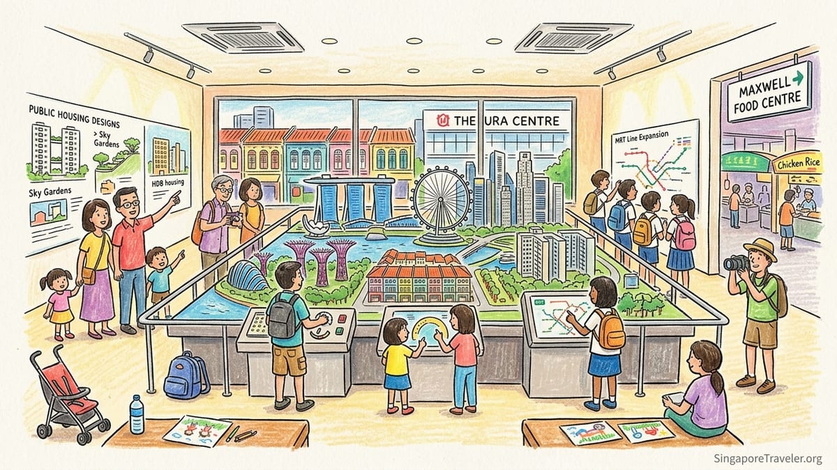 Visitors overlooking the huge scale model of Singapore inside Singapore City Gallery at The URA Centre.