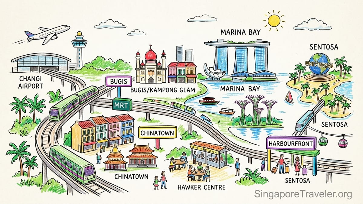 Sunrise over Singapore’s Marina Bay with skyline, Marina Bay Sands and waterfront promenade.