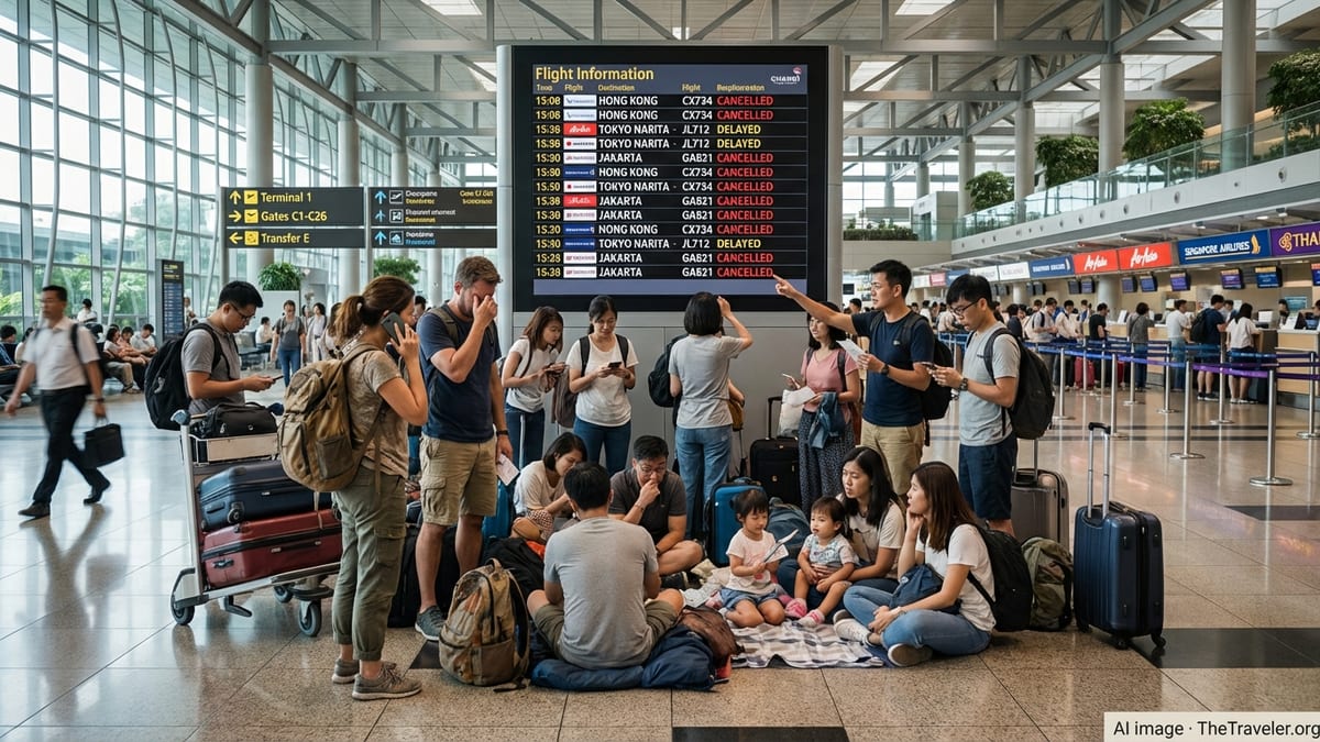 Stranded passengers queue at Singapore Changi Airport check in counters during regional flight cancellations.