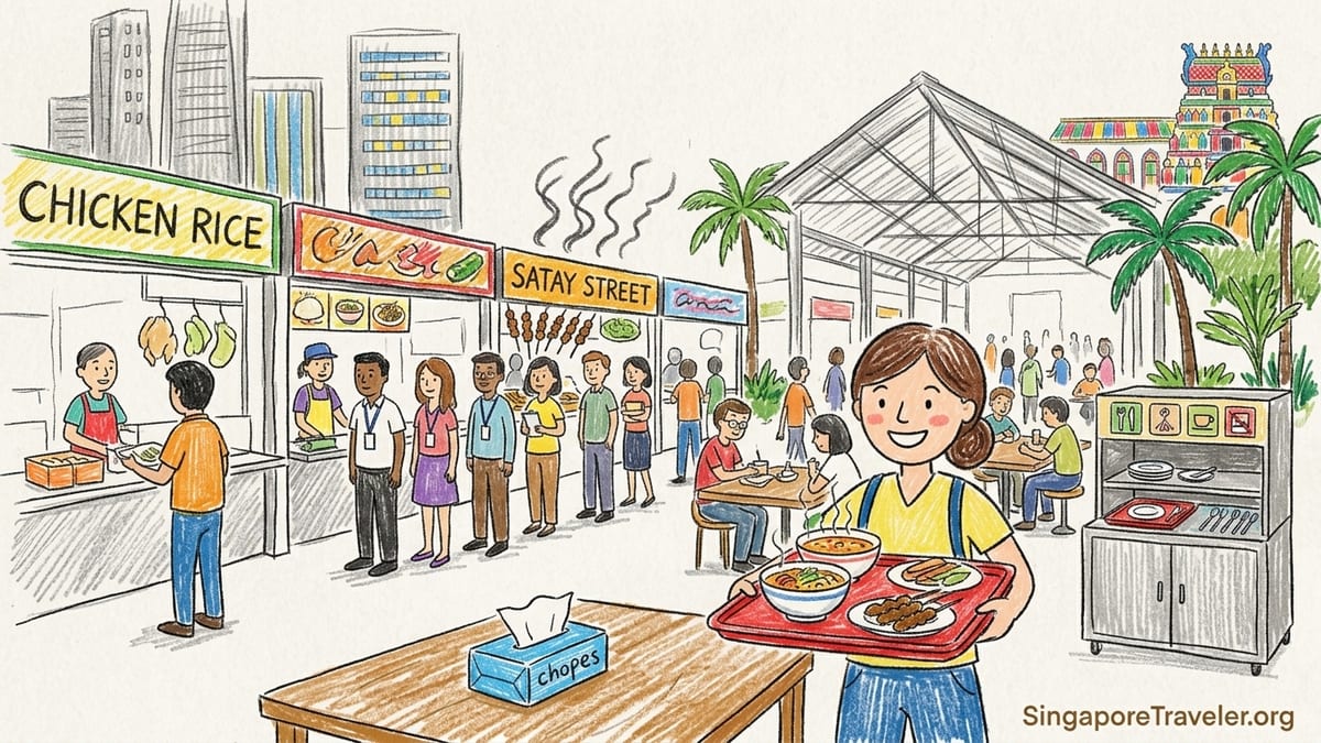 Evening satay crowds at Lau Pa Sat hawker centre under Singapore skyscrapers.
