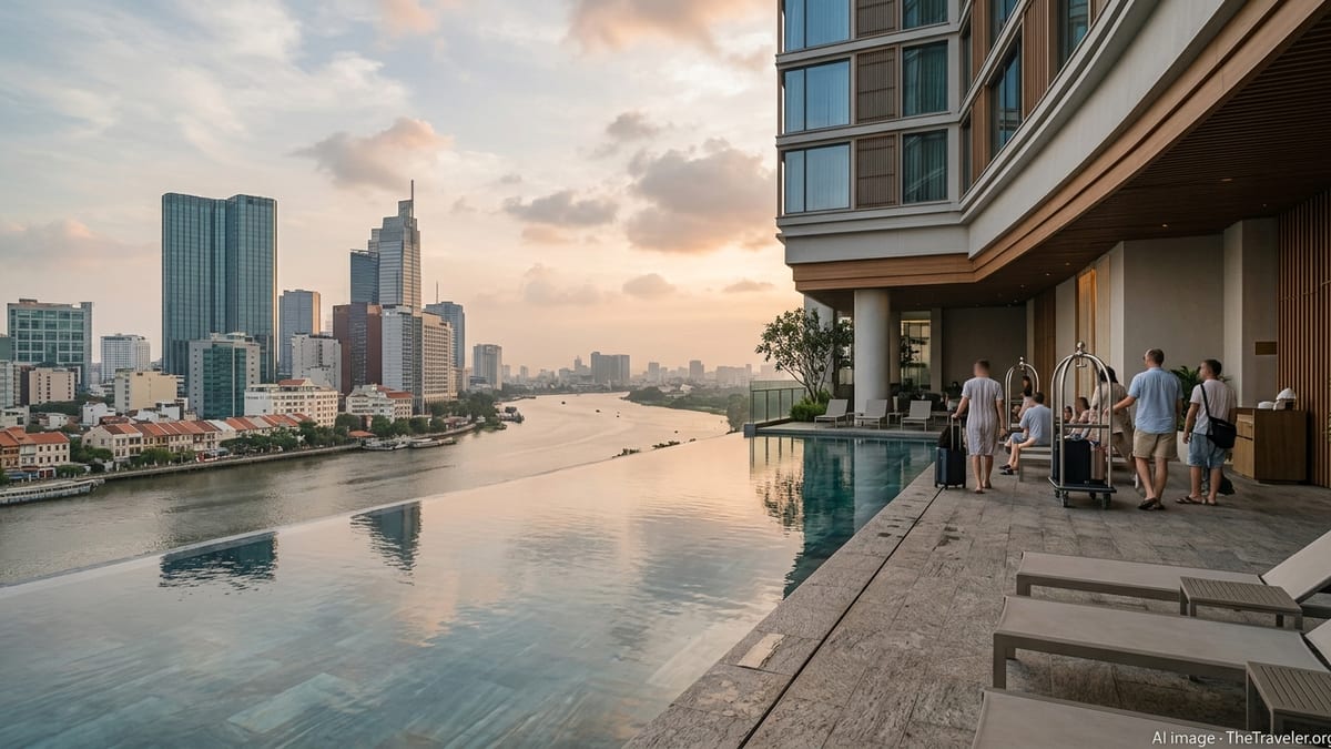 Rooftop infinity pool at a modern hotel in Ho Chi Minh City facing the skyline at sunset.