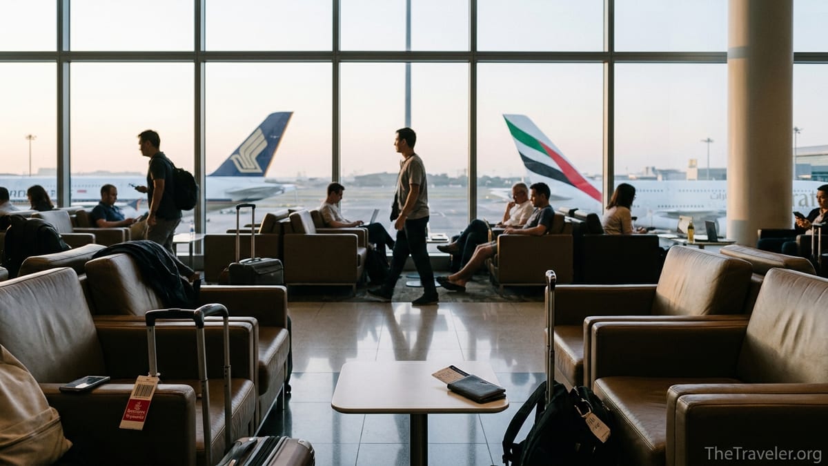 Airport lounge scene with distant Singapore Airlines and Emirates planes viewed through large windows.