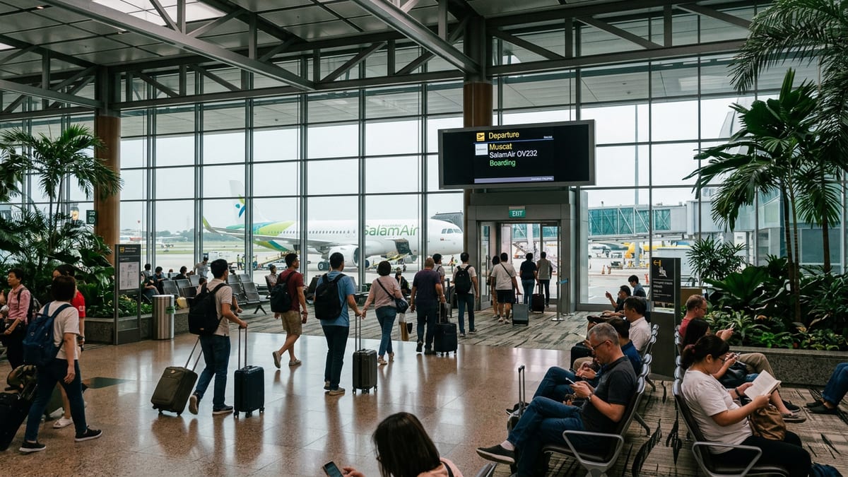 Passengers at Changi Airport with a SalamAir jet at the gate for a Muscat charter.