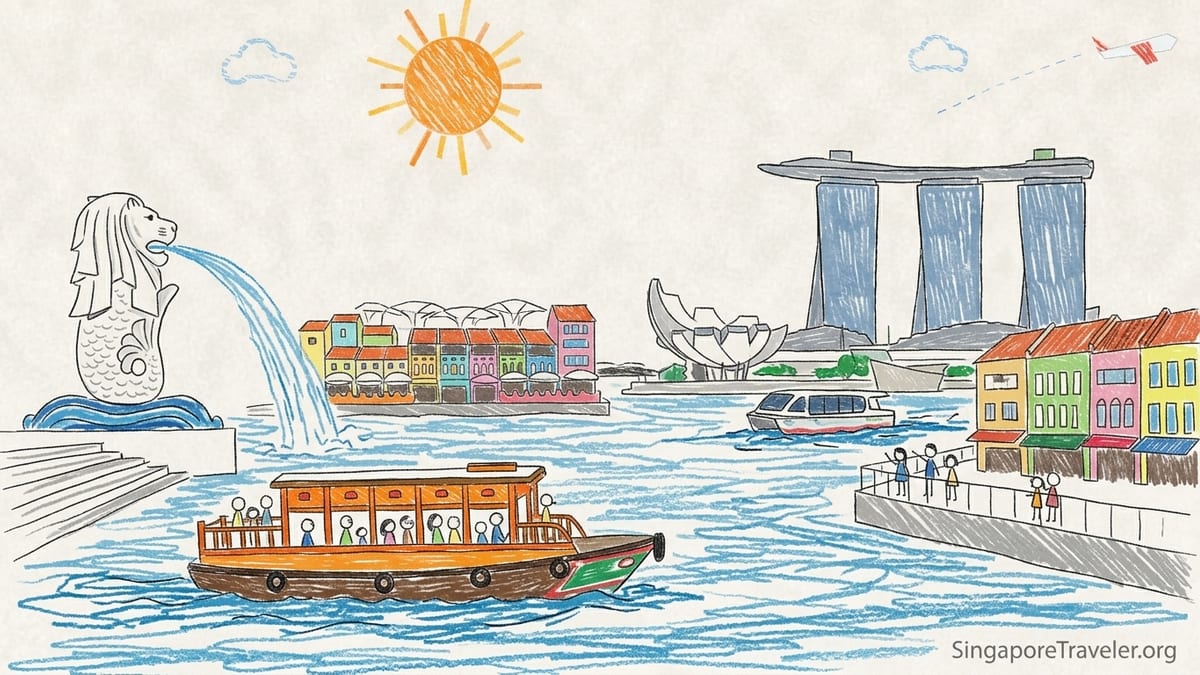 Evening bumboat cruise on the Singapore River with Clarke Quay lights and Marina Bay skyline.