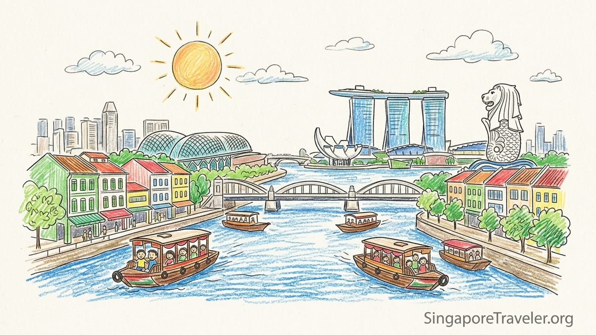Traditional bumboat cruising along the Singapore River at dusk with Marina Bay Sands skyline ahead.