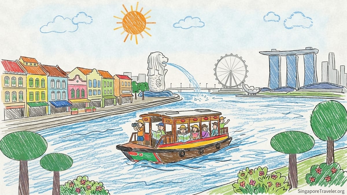 Bumboat on the Singapore River at dusk with Clarke Quay shophouses and Marina Bay skyline in the background.