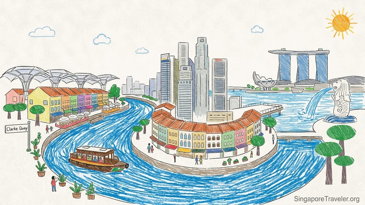 Evening view along Singapore River from Robertson Quay toward Clarke Quay with lit riverside cafés and a passing bumboat.