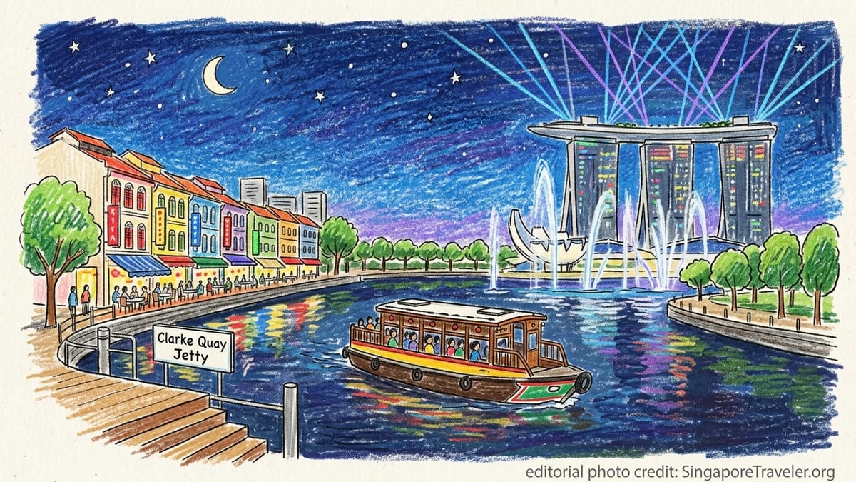 Evening bumboat on the Singapore River approaching Marina Bay Sands at blue hour.