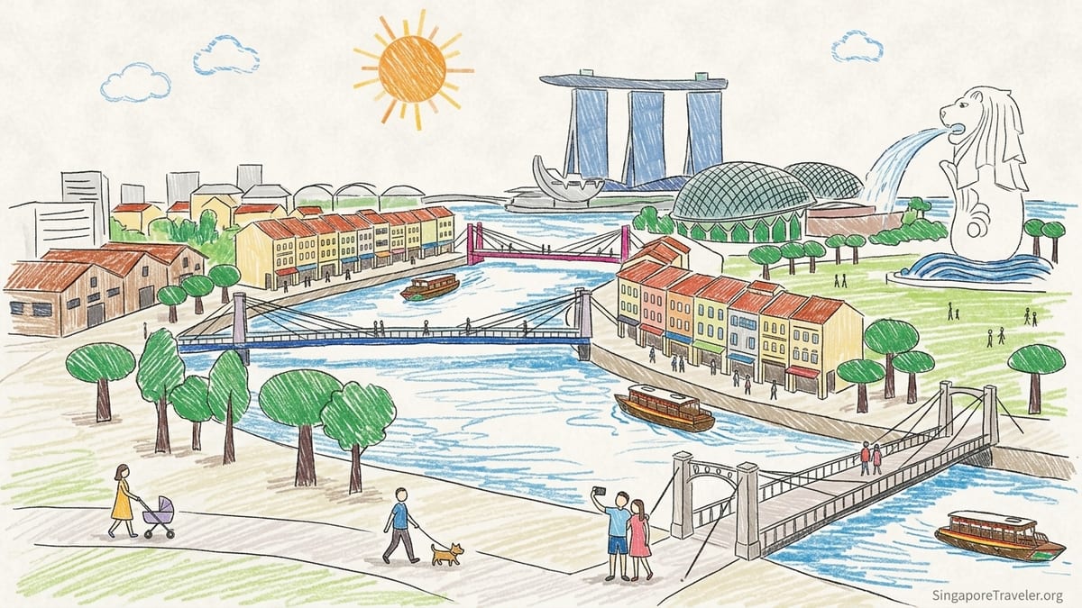 View along the Singapore River with shophouses, skyline towers and Marina Bay in the distance.