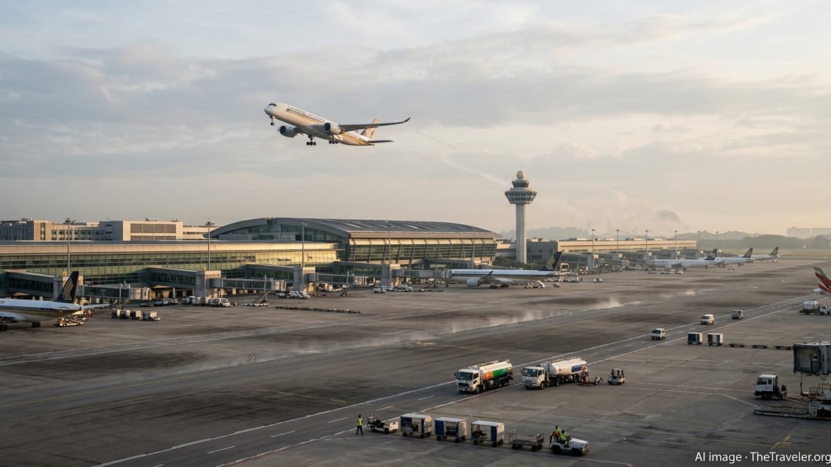 Early-morning view of Singapore Changi Airport with a jet taking off and terminals lit by soft sunrise.