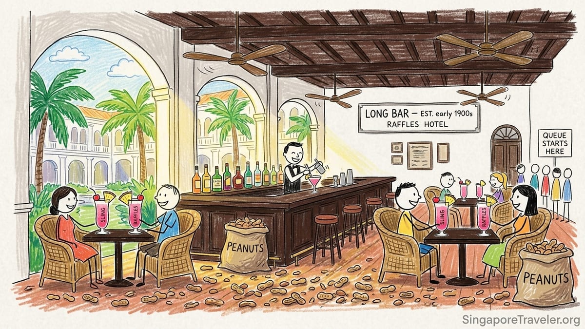 Singapore Sling and peanut shells on a table inside Raffles Hotel Long Bar in Singapore.