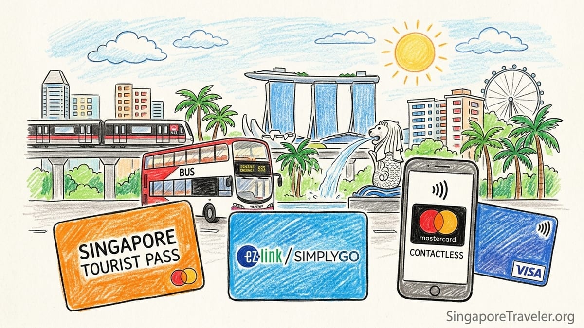 Tourists tapping Singapore transport cards and contactless bank cards at an MRT station gate.