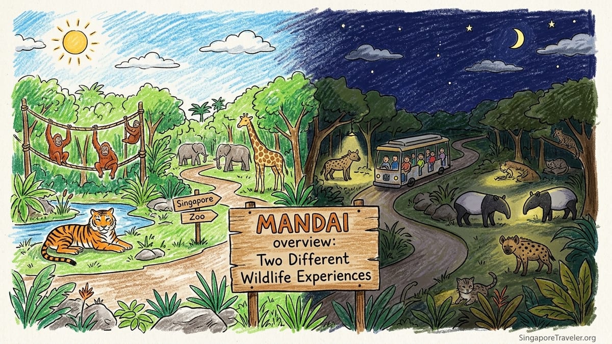 Twilight view of Mandai Wildlife Reserve showing Singapore Zoo and Night Safari tram area.