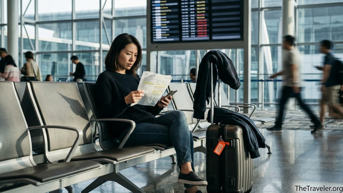 Worried traveller reading insurance documents in a quiet airport terminal.