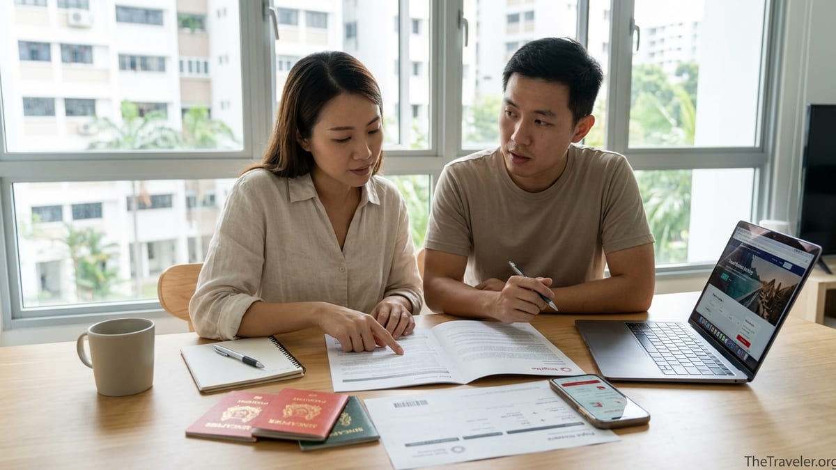 Couple in Singapore reviewing Singlife travel insurance documents at their kitchen table.