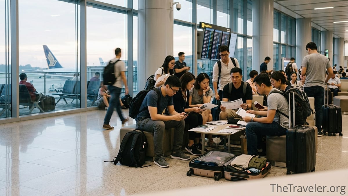 Travelers at Changi Airport reviewing documents and phones before an international flight.