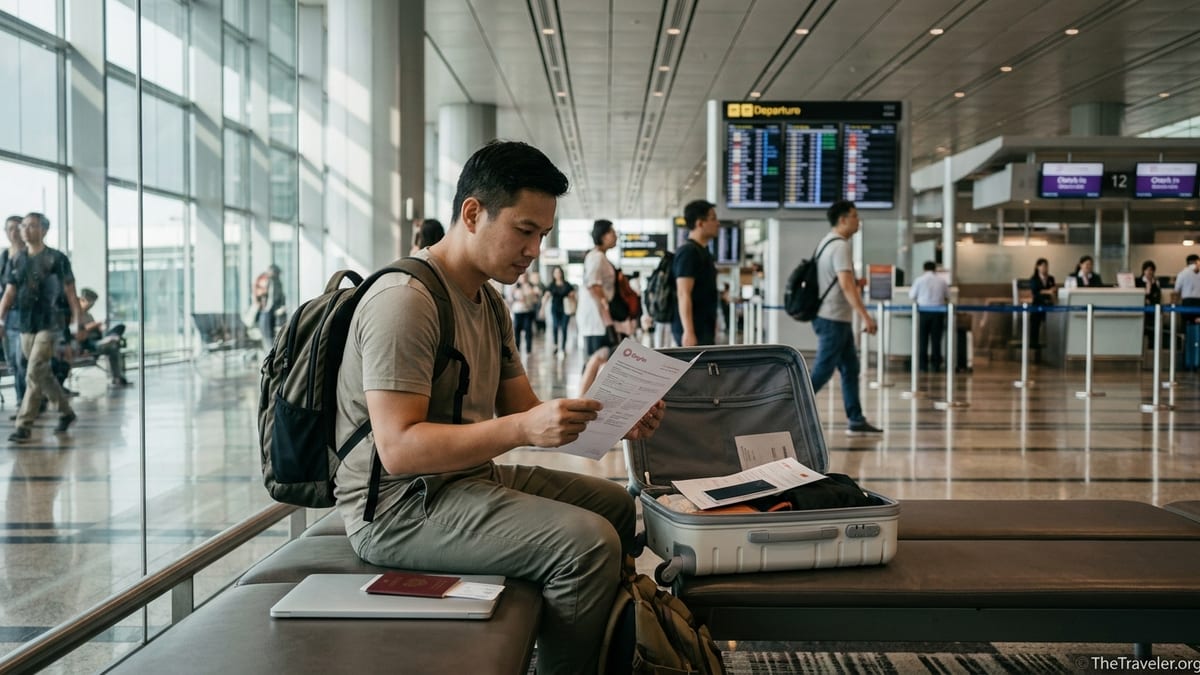Traveller at Changi Airport reviewing Singlife travel insurance documents beside luggage.