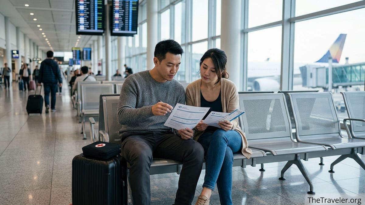 Couple reviewing travel insurance papers at an airport gate with luggage nearby.