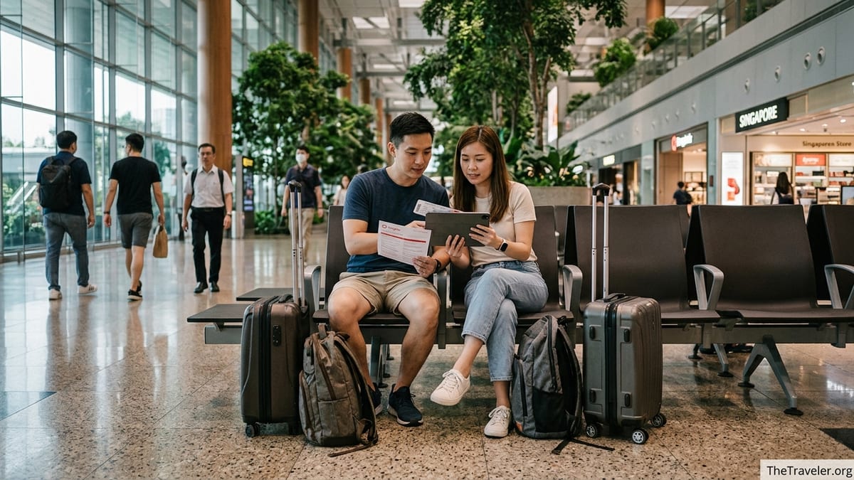 Travellers at Changi Airport reviewing documents next to luggage before a flight.