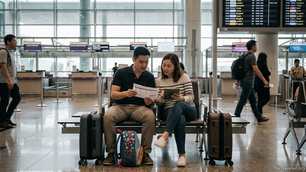 Travellers at Changi Airport comparing travel insurance documents before a flight.