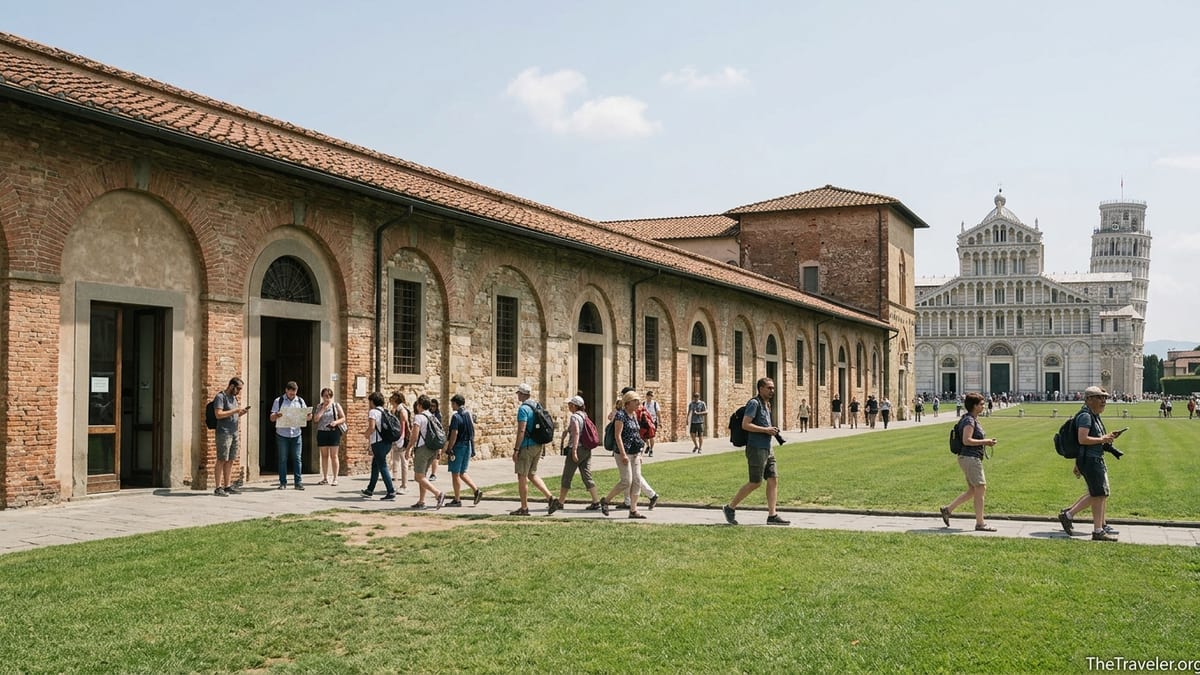 Visitors walking toward the Sinopie Museum along Pisa’s Piazza dei Miracoli on a sunny day.