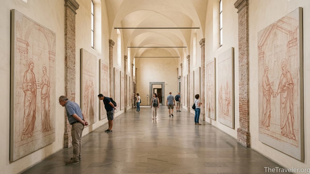 Interior of Pisa’s Sinopie Museum with large red-ochre fresco drawings and visitors studying them in a long vaulted hall.