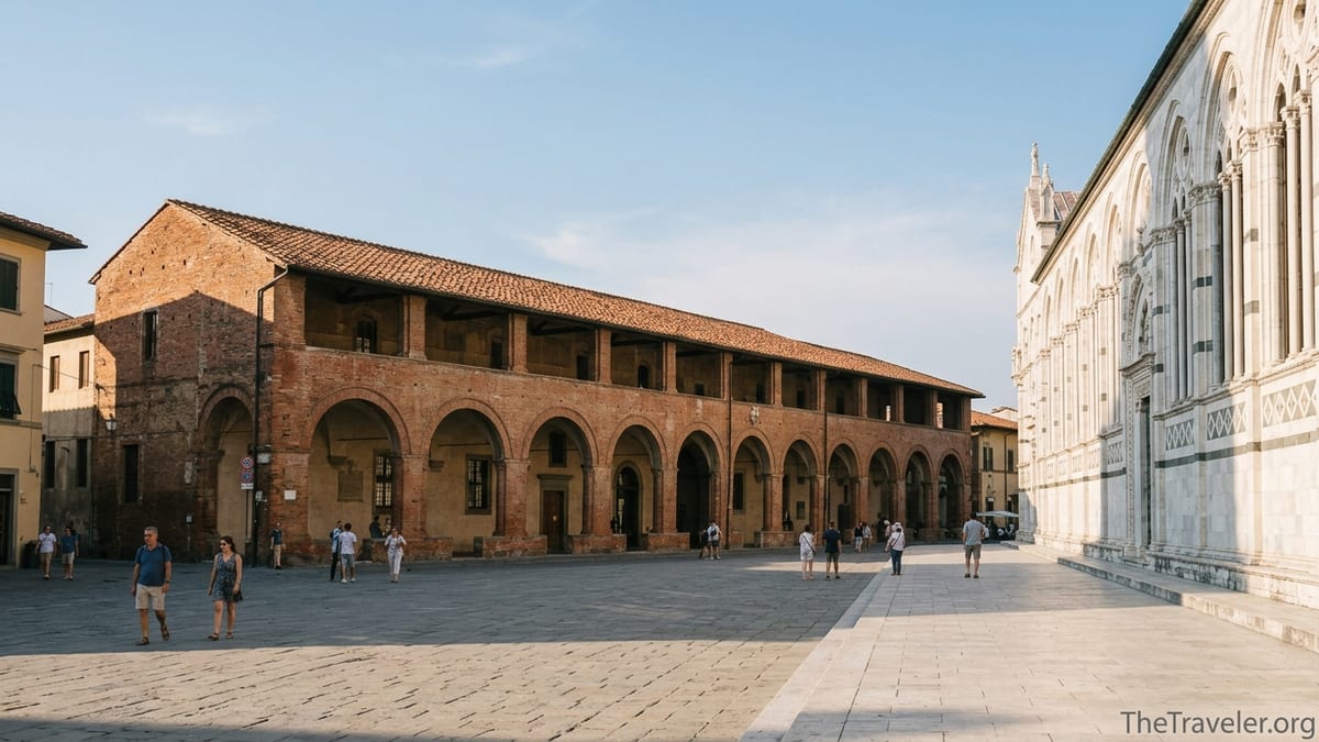 Exterior view of Pisa’s Sinopie Museum brick building facing Piazza dei Miracoli on a sunny day.