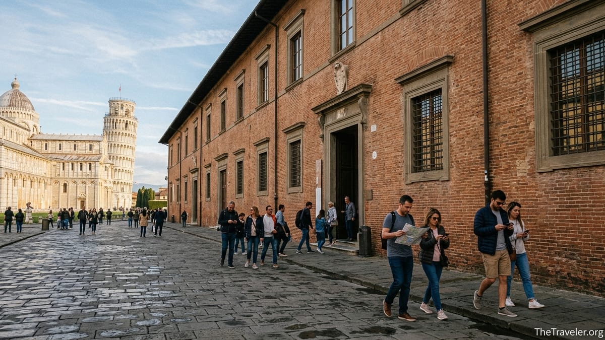 Exterior of Pisa’s Sinopie Museum with travelers walking near the medieval brick facade in Piazza dei Miracoli.