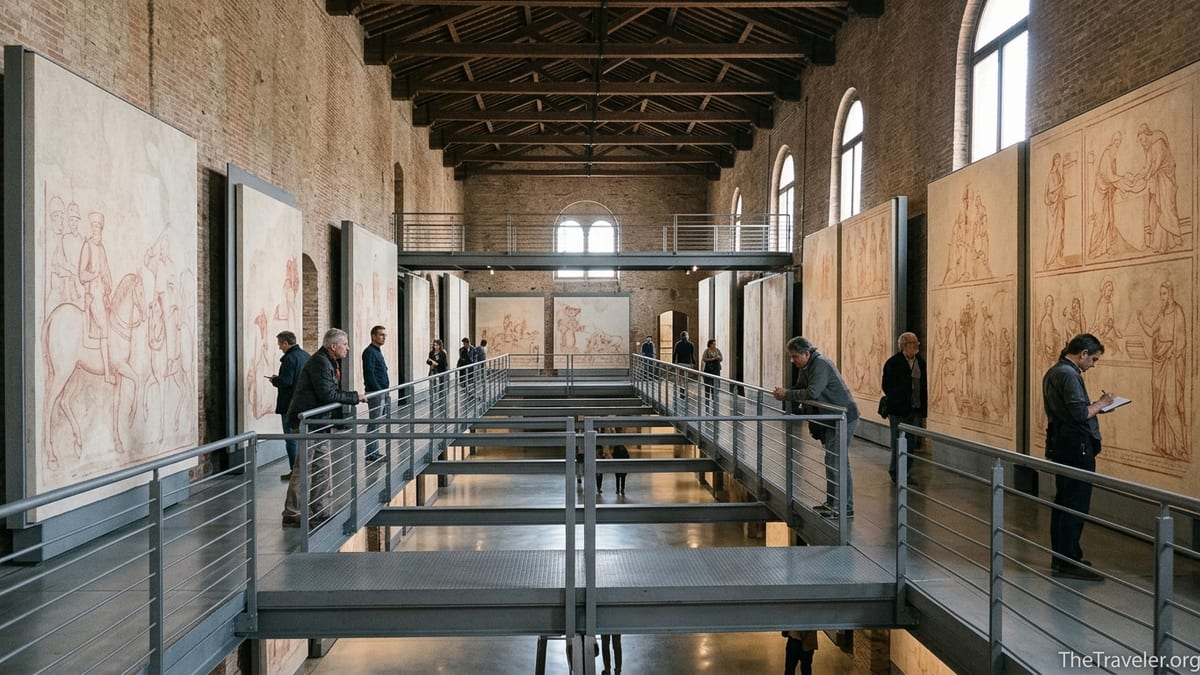 Interior of Pisa’s Sinopie Museum with visitors viewing large red preparatory drawings on plaster panels.