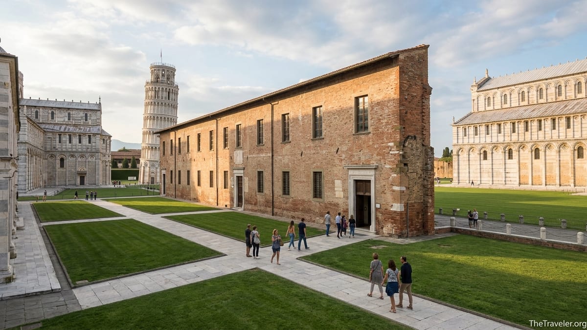 View of Pisa’s Sinopie Museum with Leaning Tower and Camposanto in the background on a sunny afternoon.