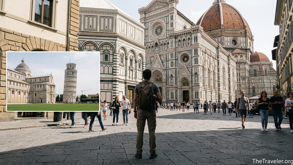 Traveler in Florence’s Piazza del Duomo looking toward the cathedral and dome on a bright day.