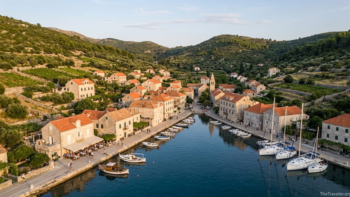 A quiet harbour village on Šipan Island with stone houses, olive-covered hills and small boats at sunset.