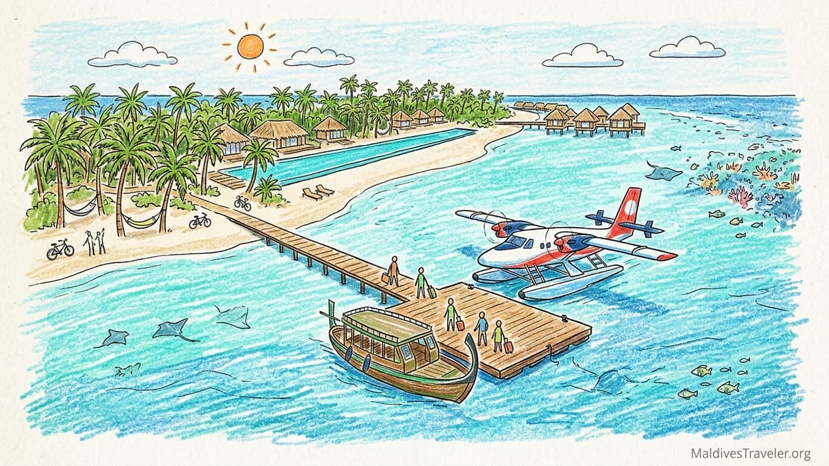 Long infinity pool at Sirru Fen Fushi stretching toward a turquoise lagoon and white sand beach lined with palm trees.