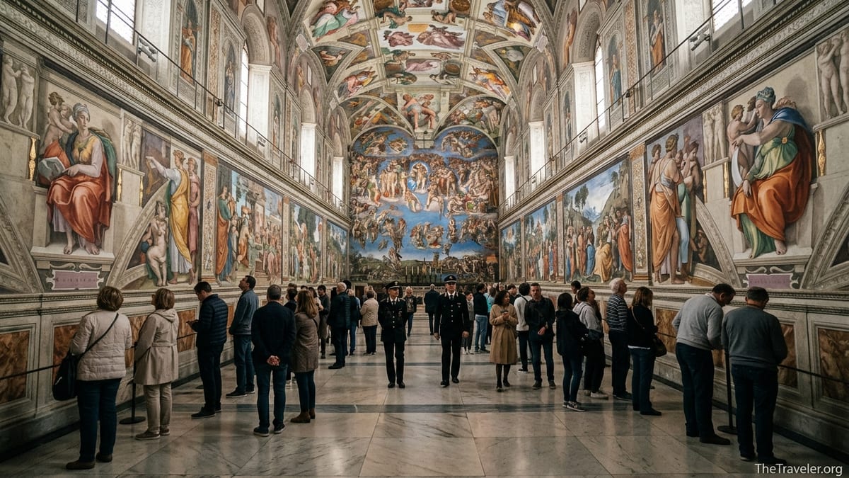 Visitors in the Sistine Chapel studying the side-wall frescoes as well as the ceiling.