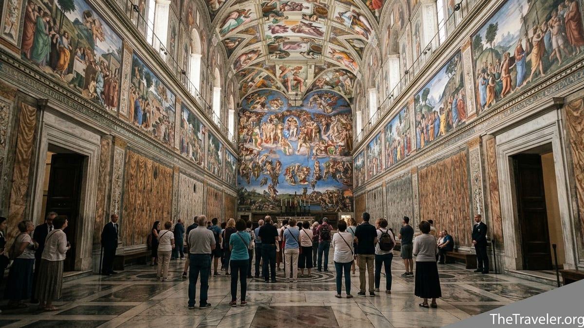 Interior of the Sistine Chapel with visitors looking up at Michelangelo’s frescoed ceiling.