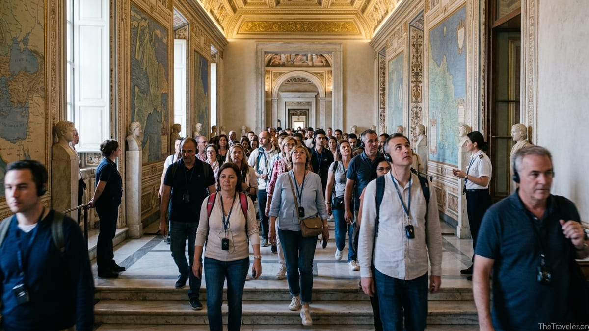 Crowds of visitors walking through an ornate Vatican Museums corridor toward the Sistine Chapel.