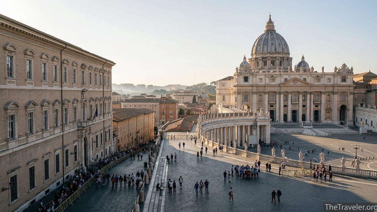 View over St Peter’s Square toward the basilica dome and Vatican Museums at sunset