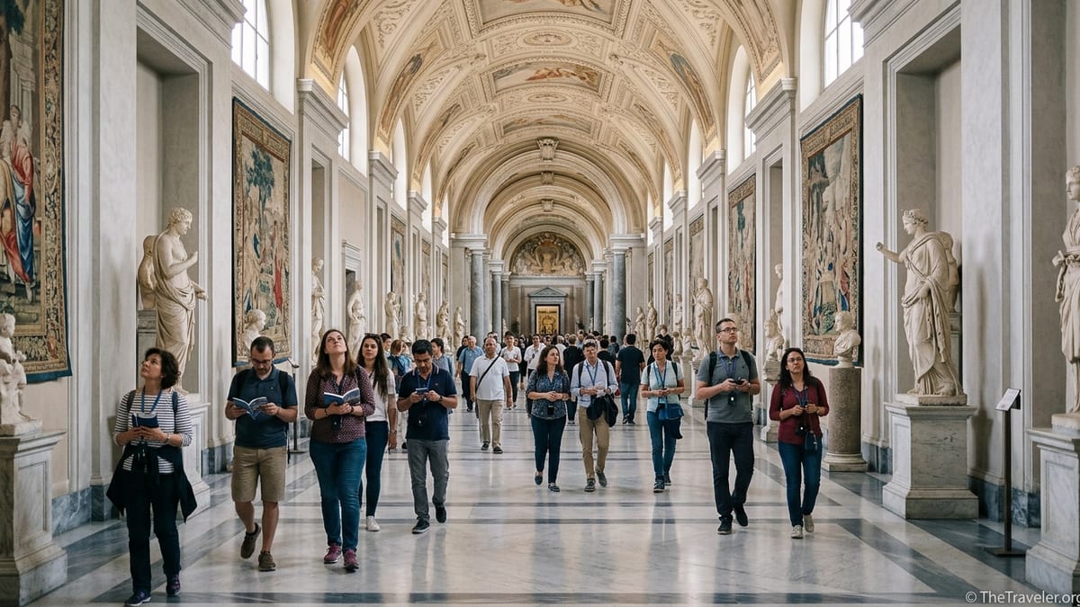 Visitors walking through a vaulted Vatican Museums corridor on the way to the Sistine Chapel.