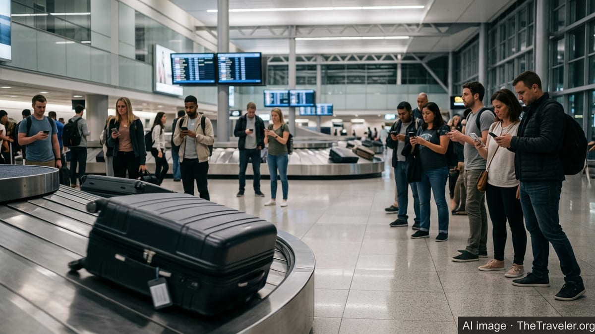 Travelers at an airport baggage carousel checking phones as a tagged suitcase passes by.