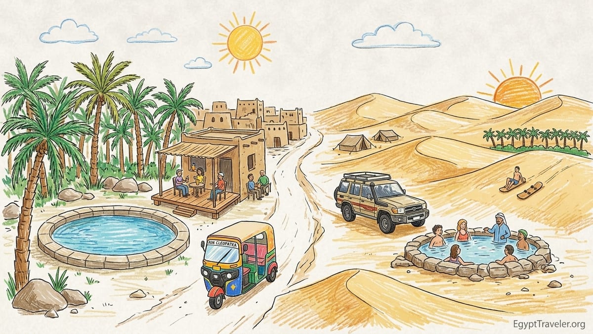 Travelers soaking in Bir Wahed hot spring near Siwa with dunes glowing at sunset.