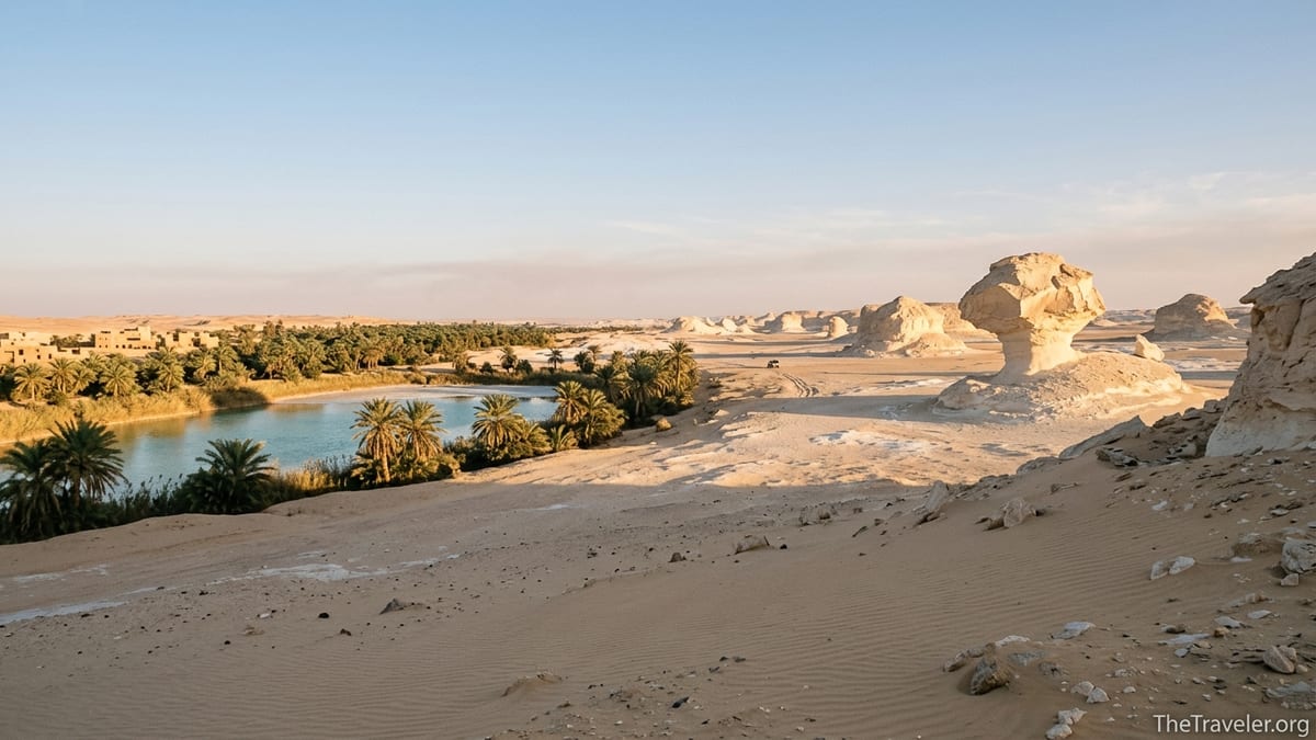 Golden hour view of Siwa palm groves and salt lake fading into Egypt’s chalk White Desert formations.