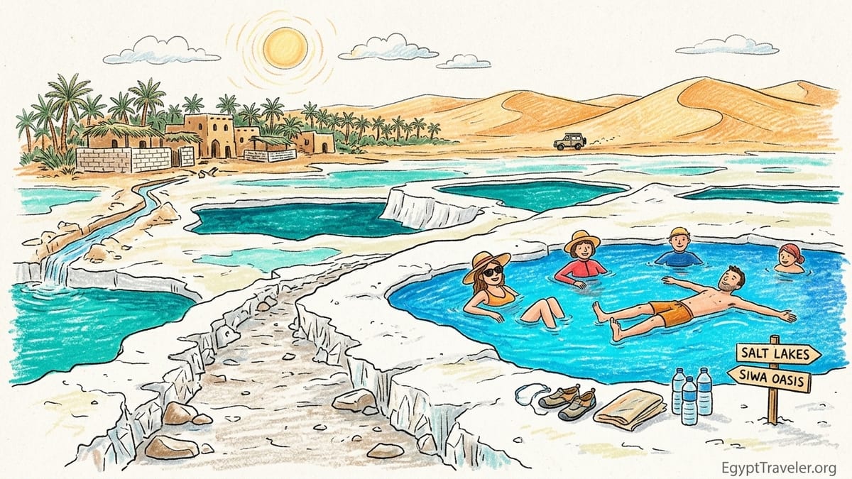 Travelers floating in a turquoise salt lake at Siwa Oasis surrounded by white salt and desert palms.