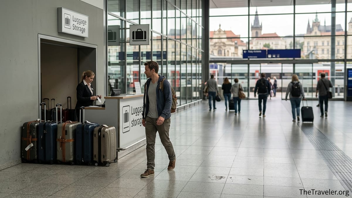 Traveler leaving suitcase at an airport luggage storage counter before heading into the city.
