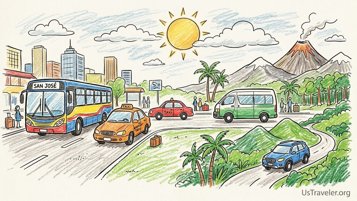 Travelers with luggage choosing taxis and shuttles outside SJO airport in Costa Rica.