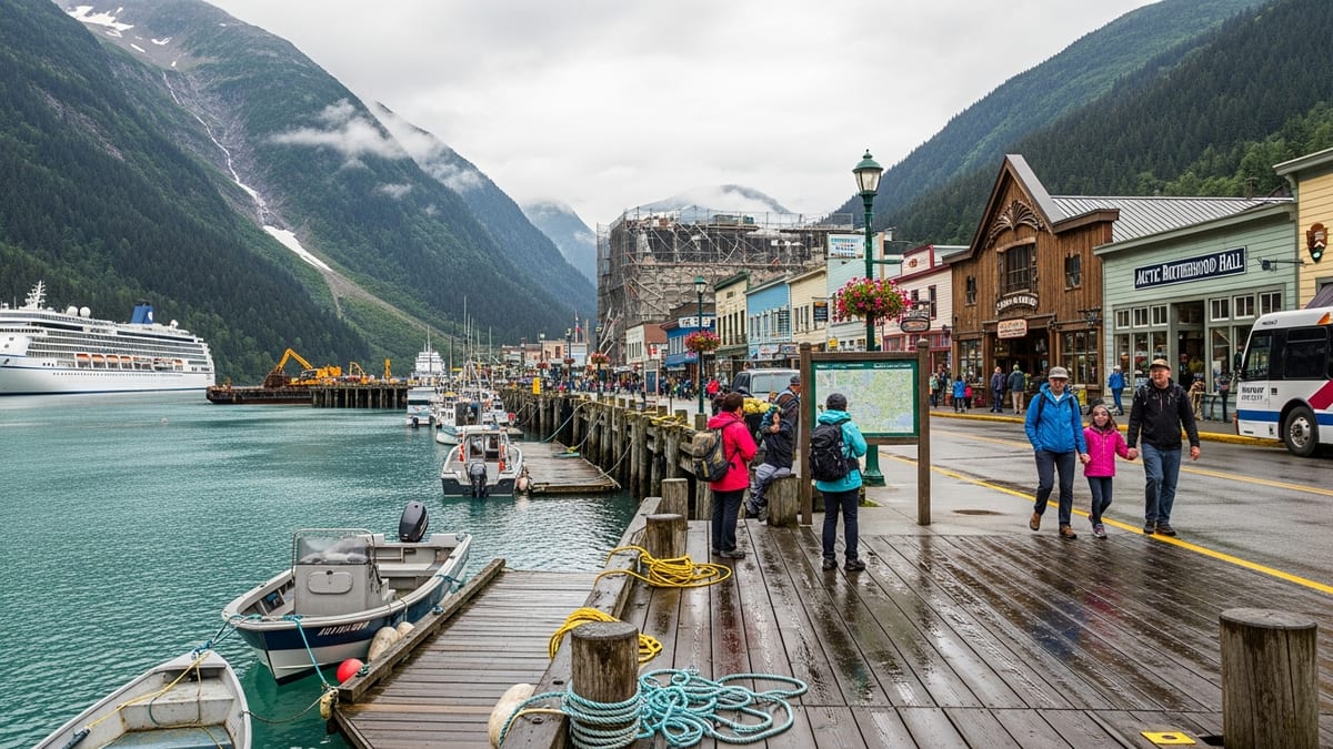 Summer view of Skagway, Alaska with harbor, historic town, and snow-capped peaks.