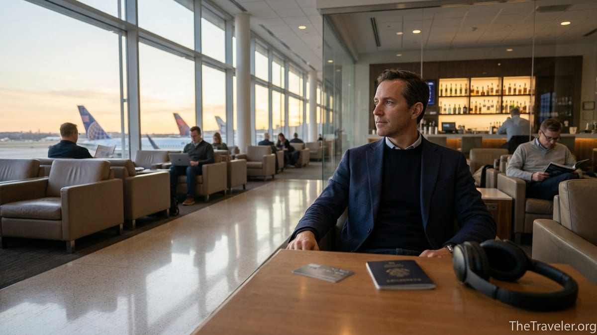 Traveler in an upscale airport lounge with a metal card and passport on the table.