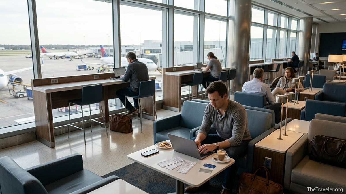 Business traveler comparing credit cards on a laptop inside an airport lounge.